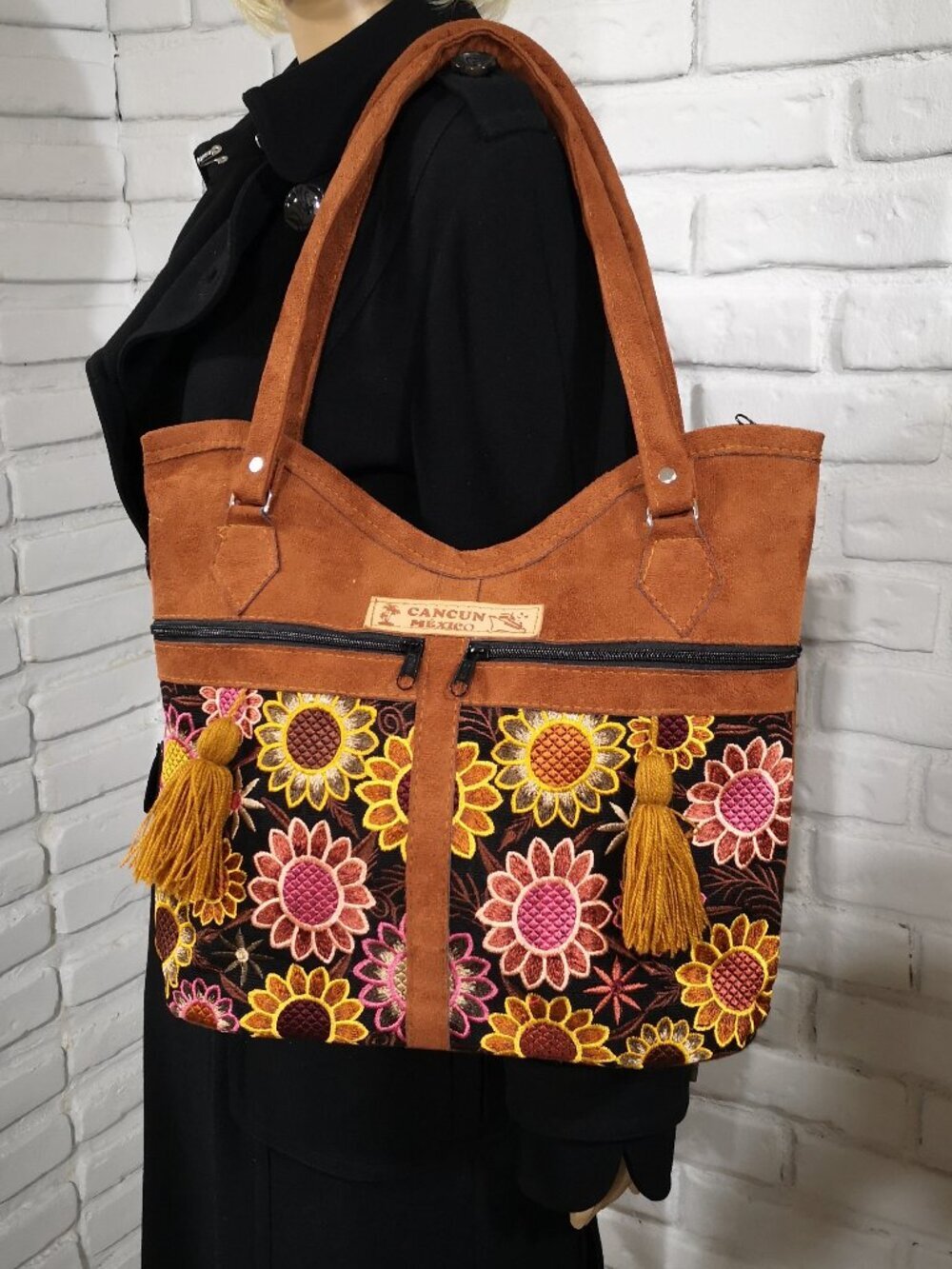 Cancun Mexico Floral Embroidery Faux Suede Brown Shoulder Tote Bag